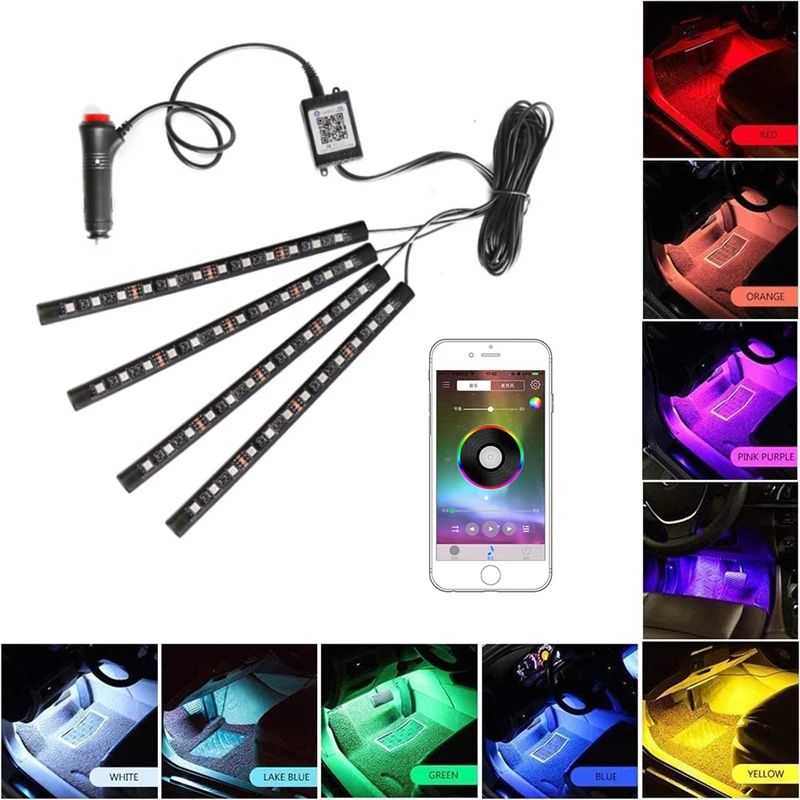 LED Car Foot Ambient Light With Cigarette Lighter Music APP Control RGB Multiple Modes Auto Interior Decorative Atmosphere Light