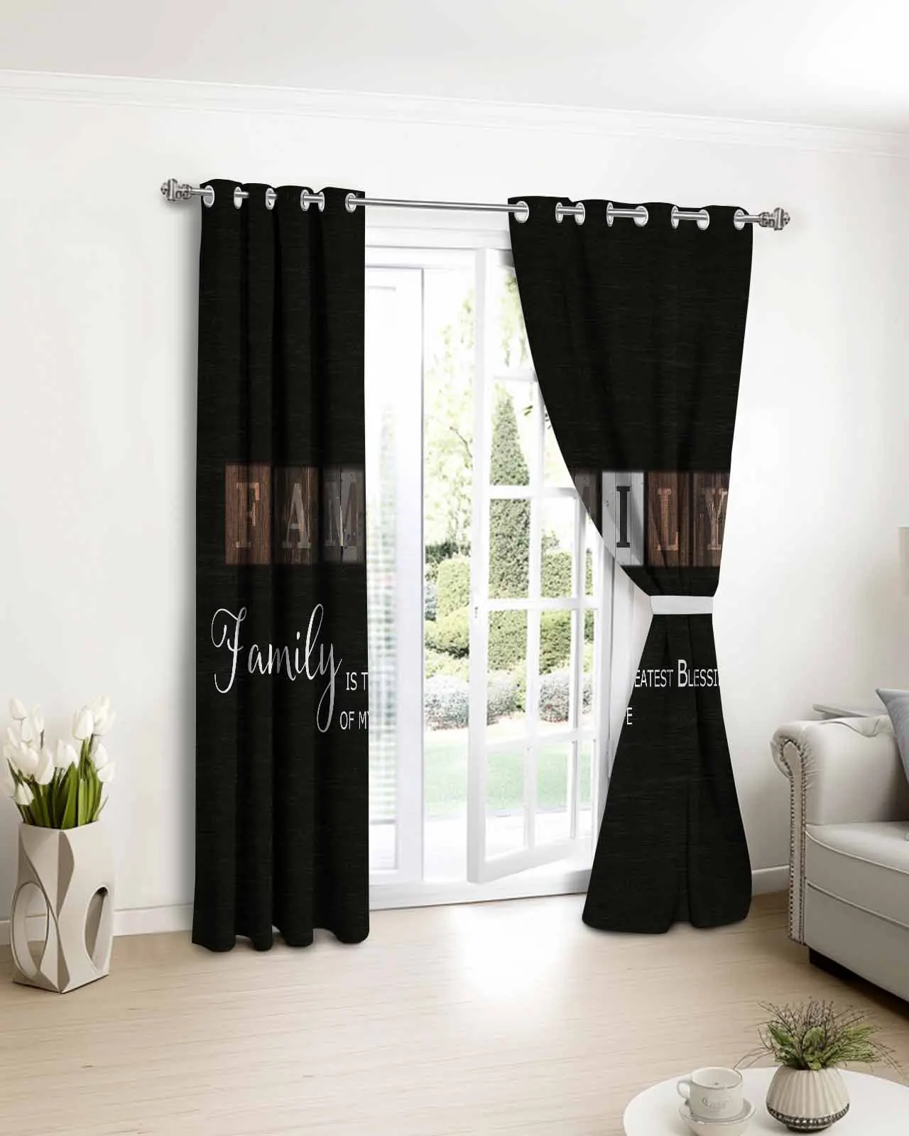 

2pcs, 1 panel Retro Wood Grain Family Text Polyester Window Curtains For Living Room Kitchen Bedroom Drapes
