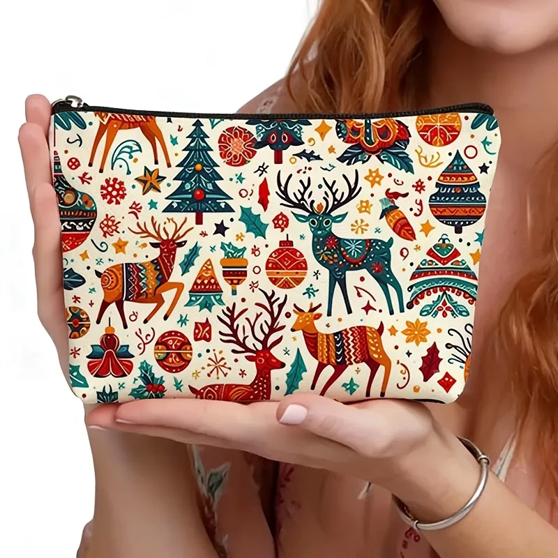 Christmas Folk Art Deer Makeup Bag Cosmetic Pouch Ethnic Style Reindeer Xmas Tree Snowflake Print Portable Storage Purse Gift