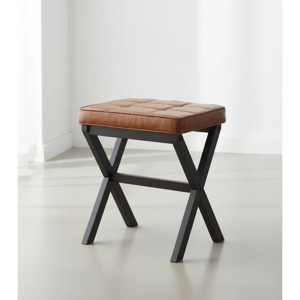 

Small Ottoman Foot Rest with Padded Cushion, Sturdy Bamboo Stool for Office Desk, Sofa & Vanity - Black Legs & Patterned Brown