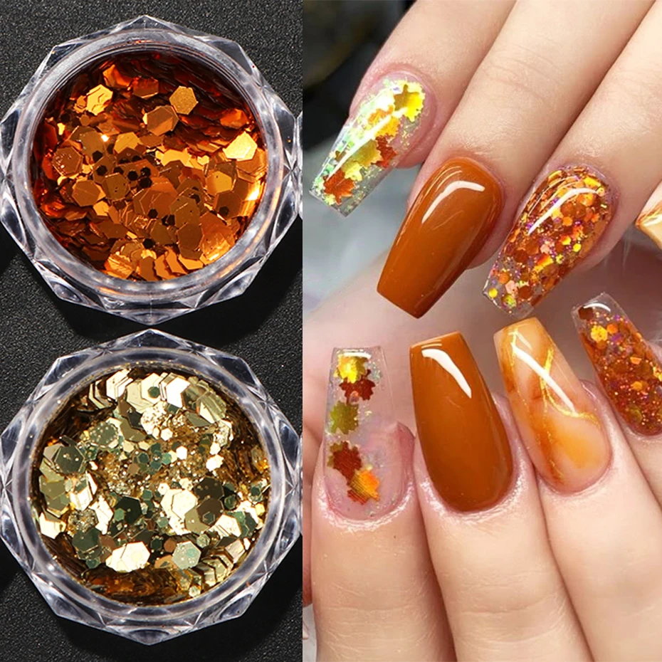 6 Flaschen/Set Ahornblatt-Pailletten, Maillard-Stil, Nagelglitzer, Sechseck-Pulver, Pigmentstaub, Y2K, wunderschöne Herbst-Nagelkunst-Dekoration