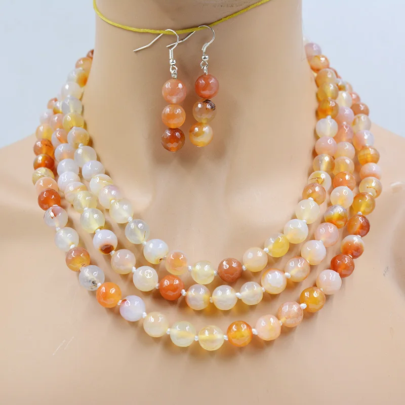 

10MM 3 Row Natural Semi-Precious Stone Necklace Earrings suit