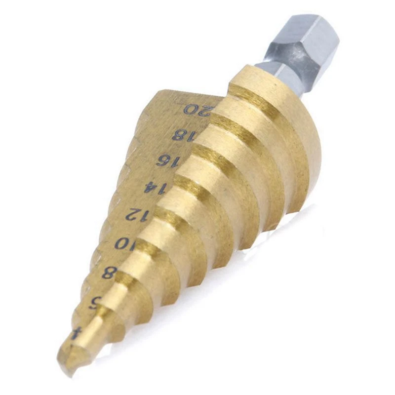 A23T 6 Pcs High-Speed Steel Step Drill Bit Set 3-20mm Titanium Coated Cone Metal Hole Cutter 1/4 Hex Shank
