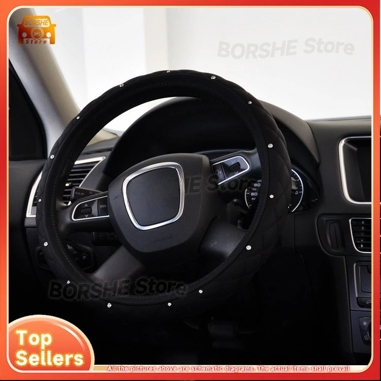 

2026 Подходит для универсальных моделей автомобилей, чехол на руль, украшенный бриллиантами, из мягкой овчины со сверкающими стразами, все