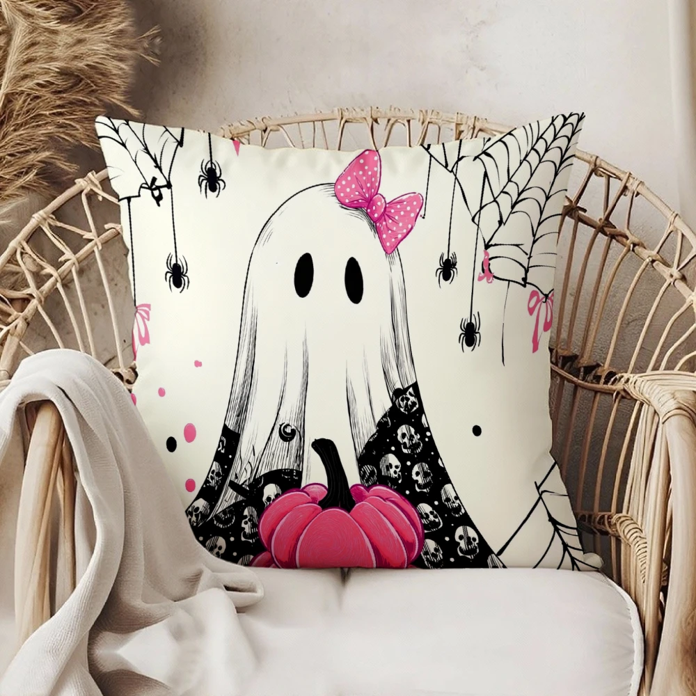 Cute Ghost Throw Pillow Case White Halloween Skull Spider Web Pumpkin Print For Home Sofa Bedroom Decor