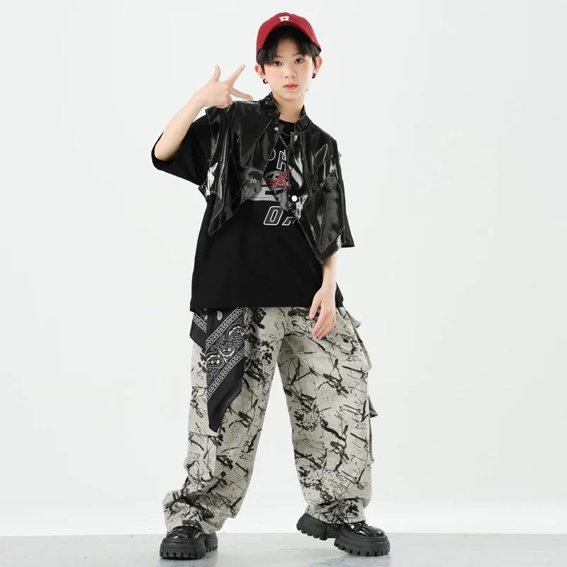 Roupas de hip hop meninos camiseta colete calças camufladas meninas legal jazz dança de rua traje crianças conjunto adolescente k-pop streetwear