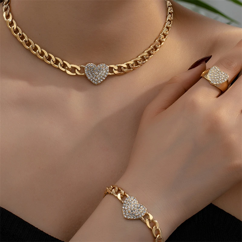 Retro Gold Color Metal Bracelet Necklace Ring Set For Women Full Rhinestone Heart Shaped Chunky Jewelry Set Girls Party Gift