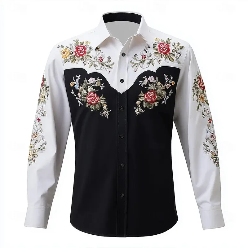 Kemeja Pria Lengan Panjang 2025 Motif Bunga Gaya Koboi Barat Pakaian Jalanan Musim Gugur Kasual Nyaman Bahan Poliester Slim Fit