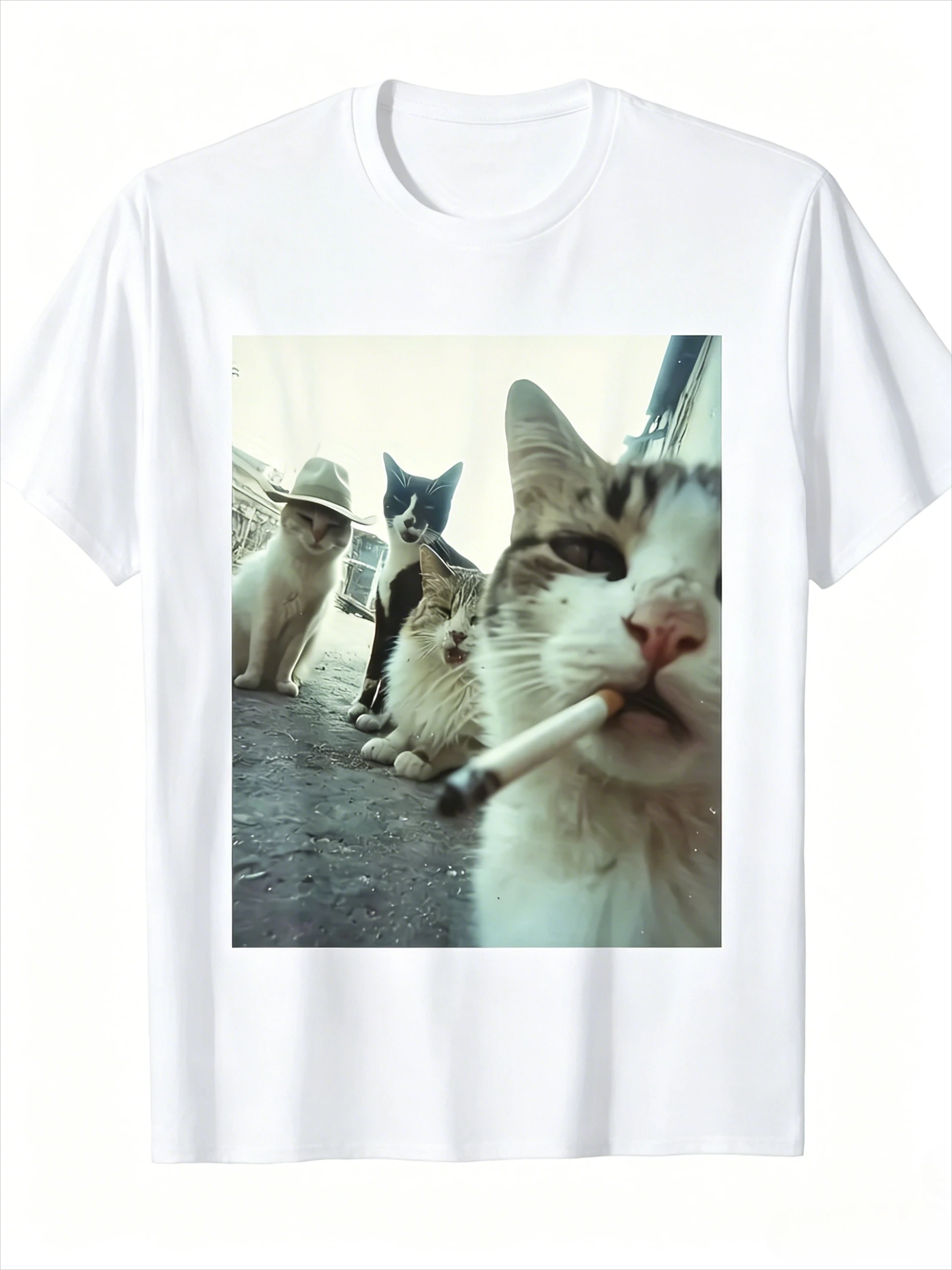 Gangster Cool Cats Selfie Retro Film Print T-Shirt Lustiges rauchendes Kätzchen Haustier Unisex Casual Streetwear Kurzarm-Grafik-T-Shirt – Detail 4