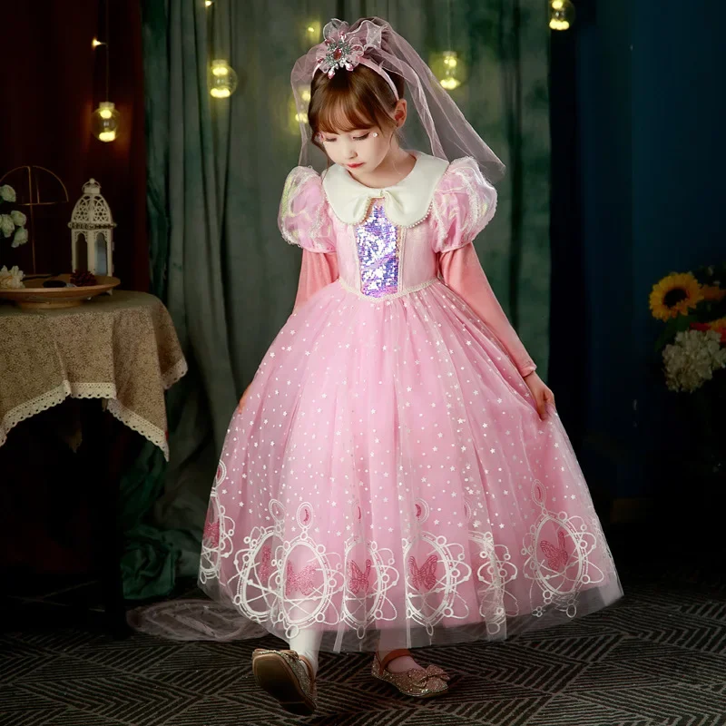 Vestido de Rapunzel para niñas, vestido largo Formal de terciopelo para cumpleaños de Sophia, color rosa, para verano y otoño, de 2 a 10 años