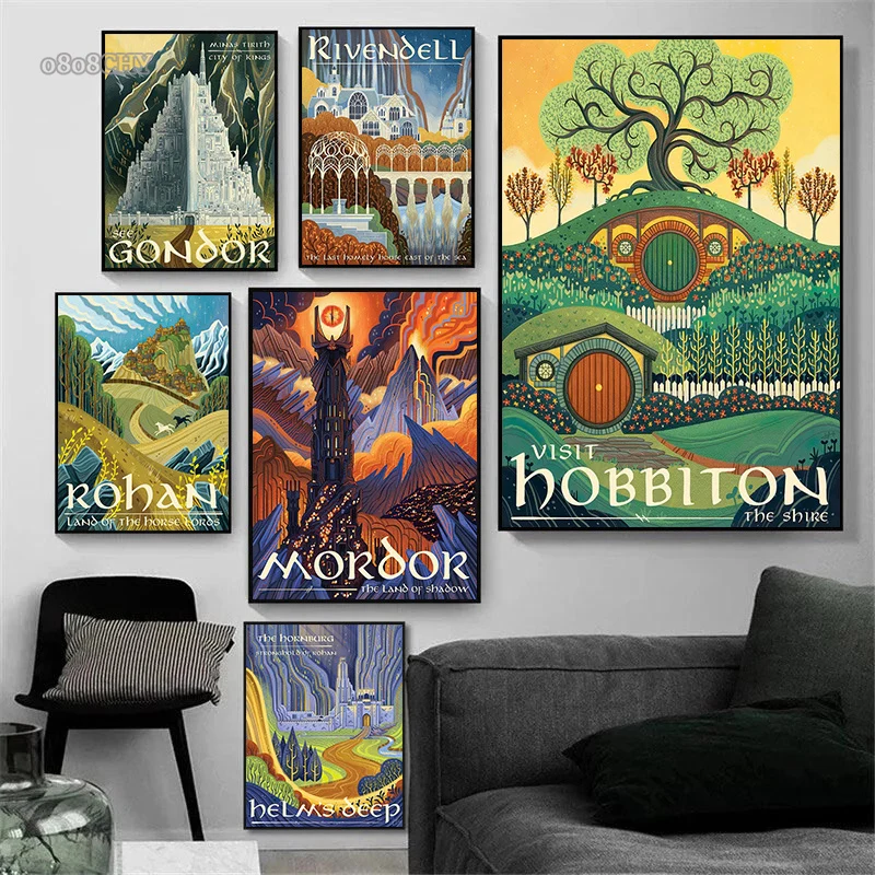 Anillo abstracto, película artística, Castillo Mordor, carteles mágicos, pintura en lienzo de viaje Retro, pared Vintage, imagen de decoración del hogar para dormitorio