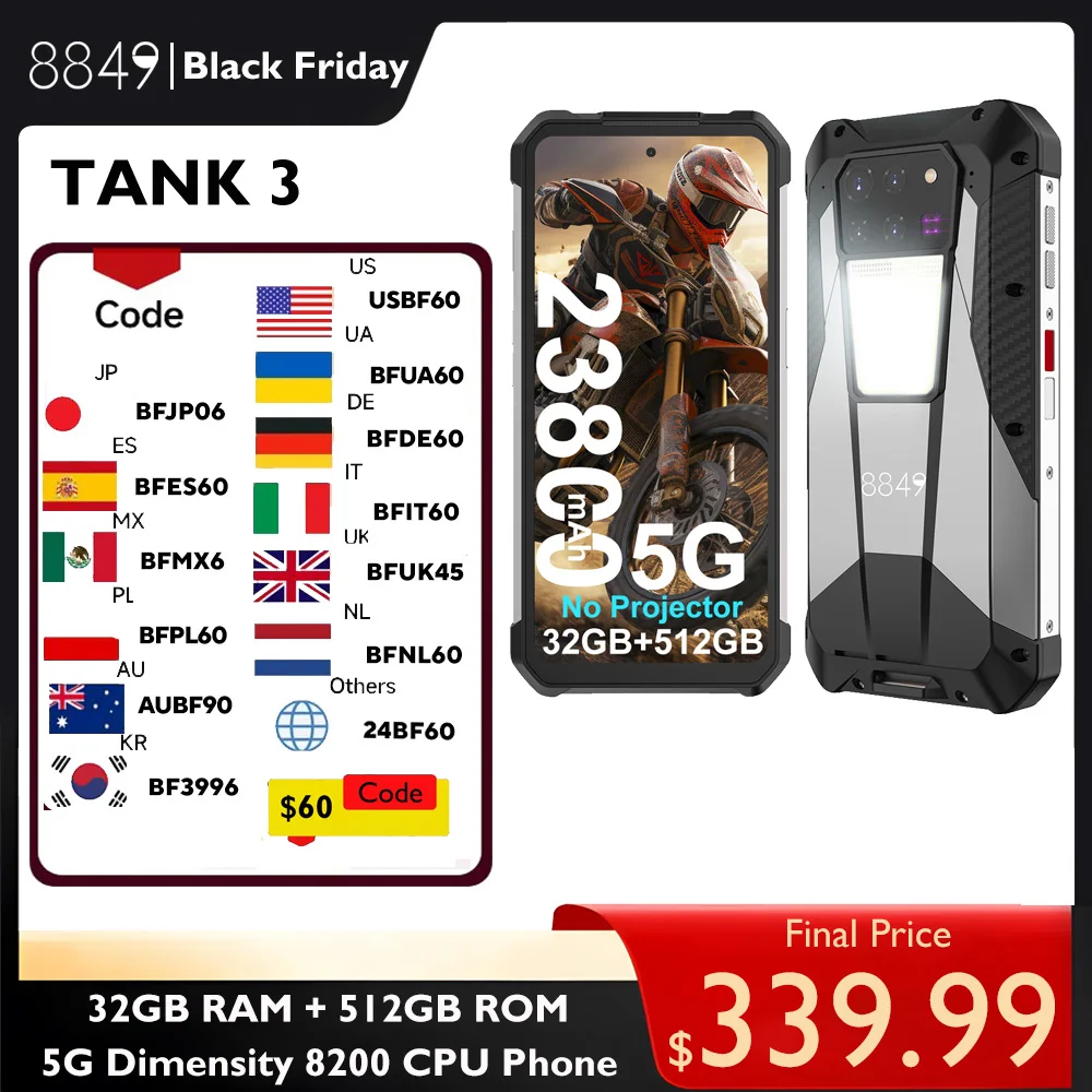 8849 Tank 3 Rugged Smartphone 32GB 512GB 23800mAh 120W Charger Dimensity 8200 5G Cell Phone 200MP 120Hz Led Light Mobile Phone