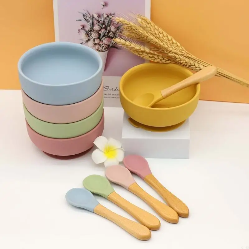 

Q22D 4 Pcs Baby Silicone Bib Suction Bowl Spoon Bracelet Set Training Feeding Utensil Dishes Tableware for Newborn