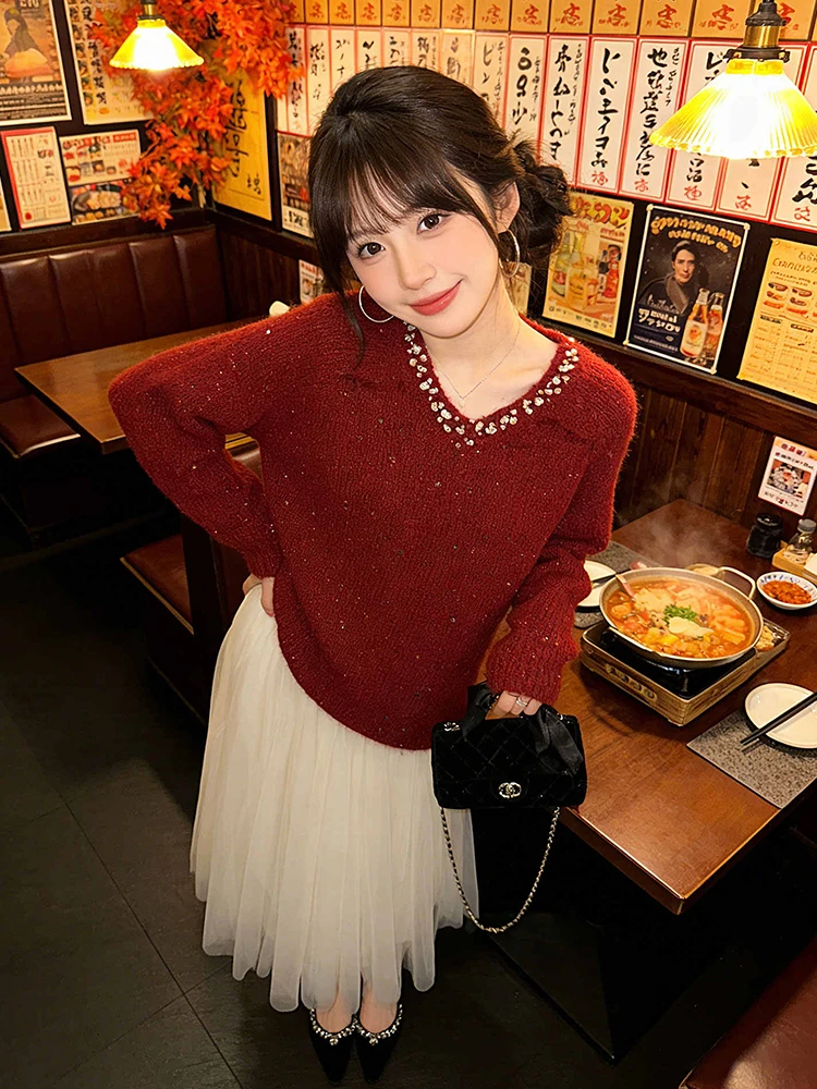 

Красный роскошный мягкий свитер с V-образным вырезом и вставками из страз, вязаный, женский, свободный, утягивающий, плотный, весенний топ