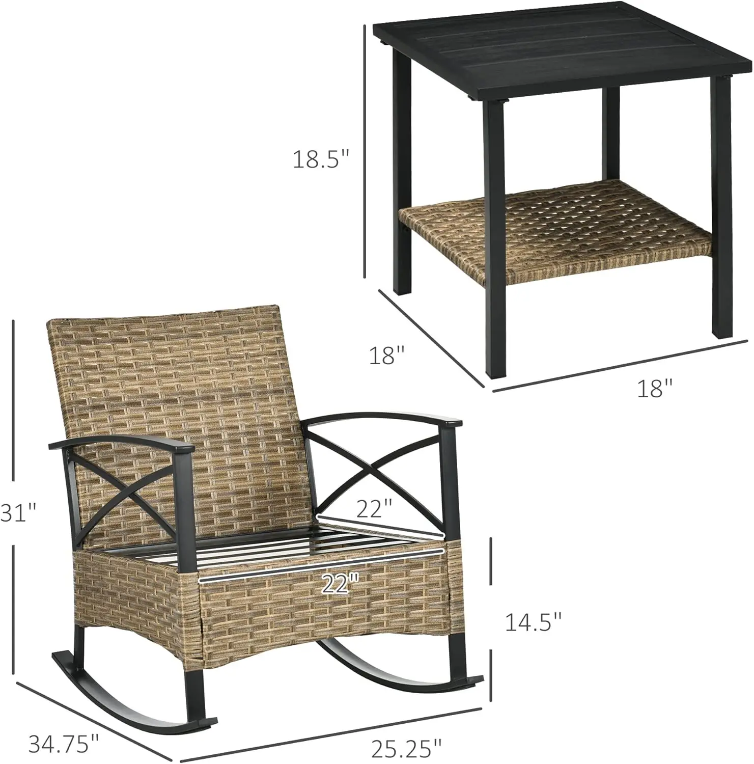 3-delige Terrasschommelstoelset, Rieten Bistroset Buiten Met 2 Veranda-Rockers Met Kussens En Een Tafel Met 2 Niveaus Voor Tuin, Achtertuin