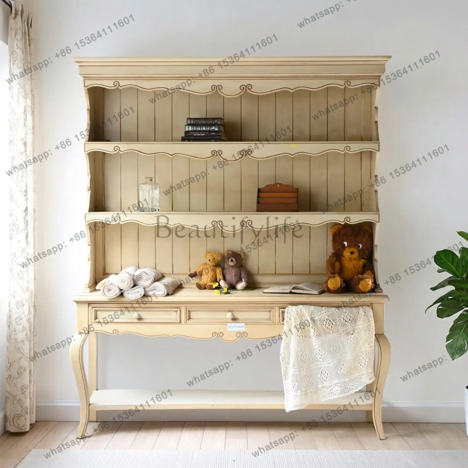French retro solid wood side cabinet American engraved old desk locker dresser