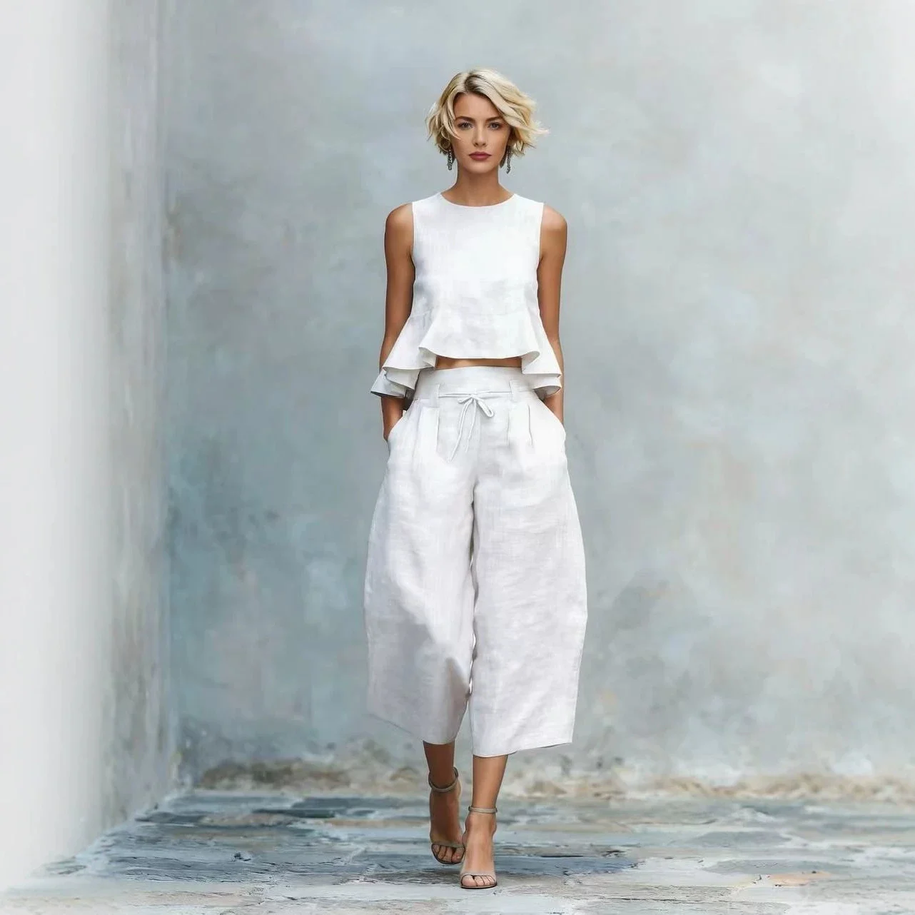 Women Casual Vacation Two Piece Matching Outfit Sleeveless Ruffle Crop Top Drawstring Wide Leg Pants Co Ord Set