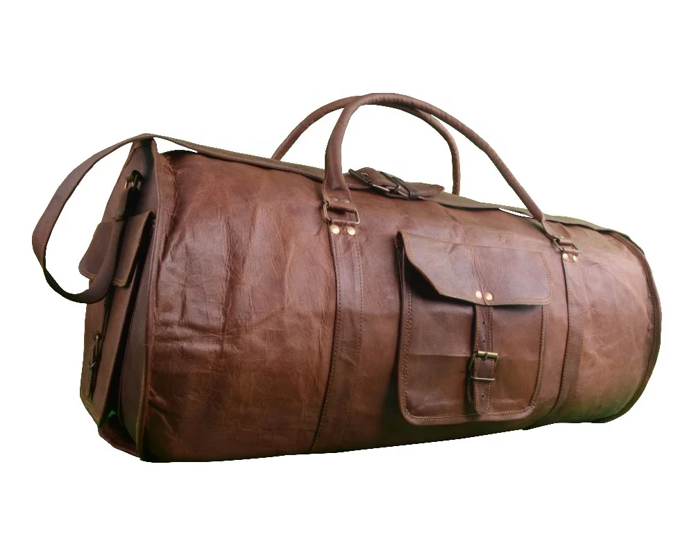 

Real Goat Brown 100% Genuine Leather Vintage Travel Luggage Bag Shoulder Gym Duffel Bag Large Round Waterproof Travel Duffel Bag