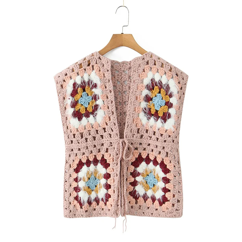 

2025 Новый модный праздничный клетчатый жилет ручной работы в стиле бохо с цветочным принтом, женский осенний свитер без рукавов со шнуровкой спереди и круглым вырезом, пальто