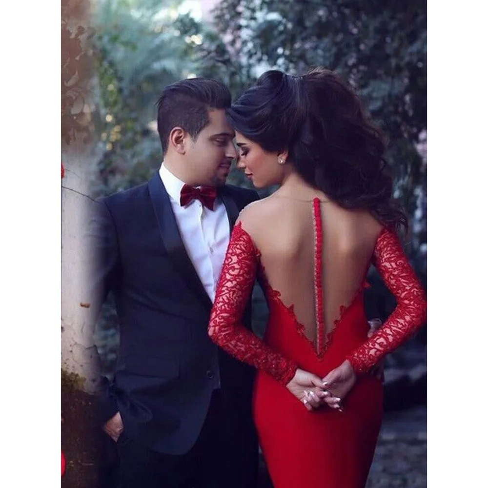 Luxury Red Wedding Party Dresses O-Neck Floor Length Trumpet Backless Full Sleeves Illusion Elegant Women Prom Banquet Gowns