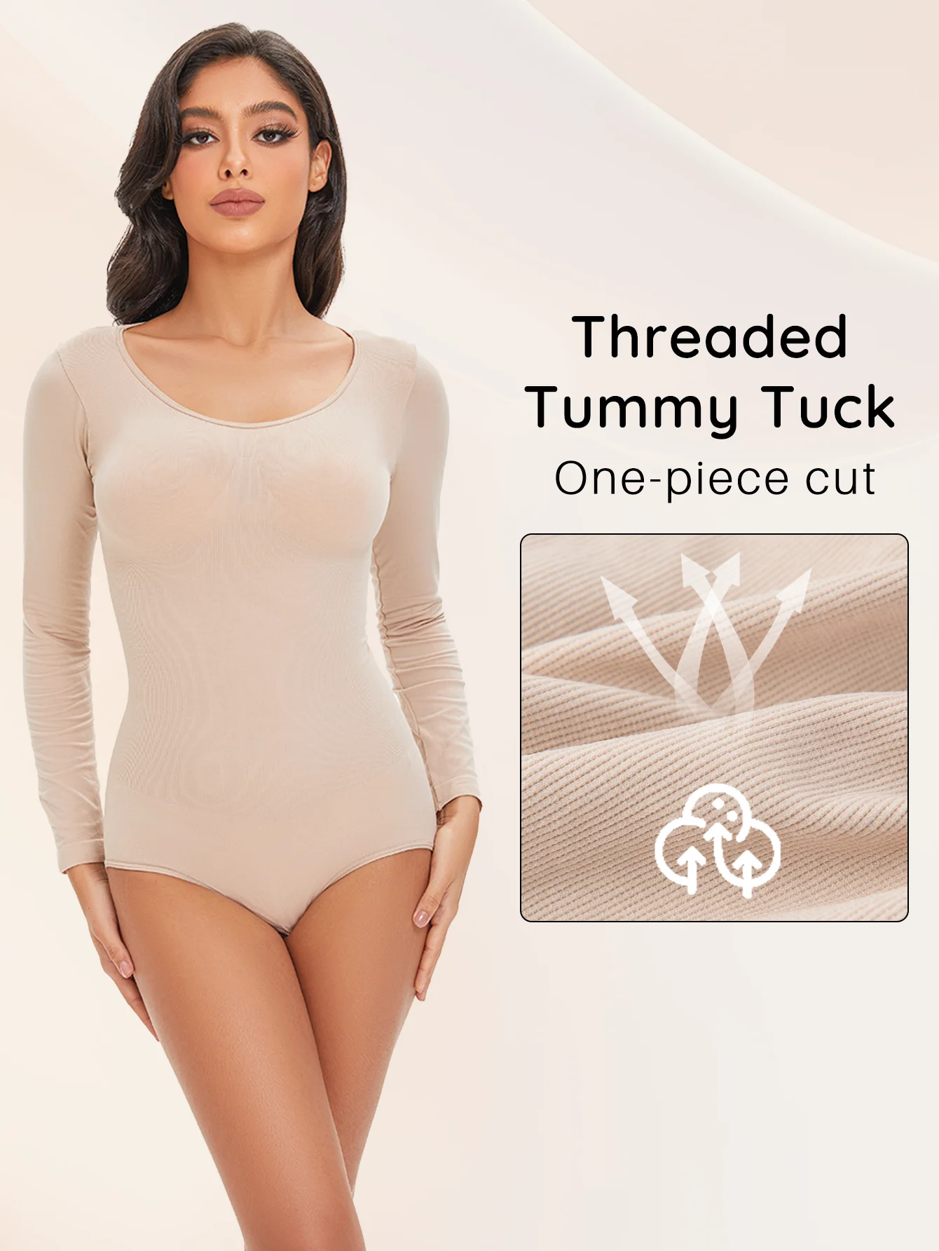 1 ks dámské spandexové elastické body stahovací prádlo s dlouhým rukávem, tvarující tělo, bříško, ovládání bříška, otevřený rozkrok, kulatý výstřih, bezešvé tvarující prádlo, nové - náhled 5