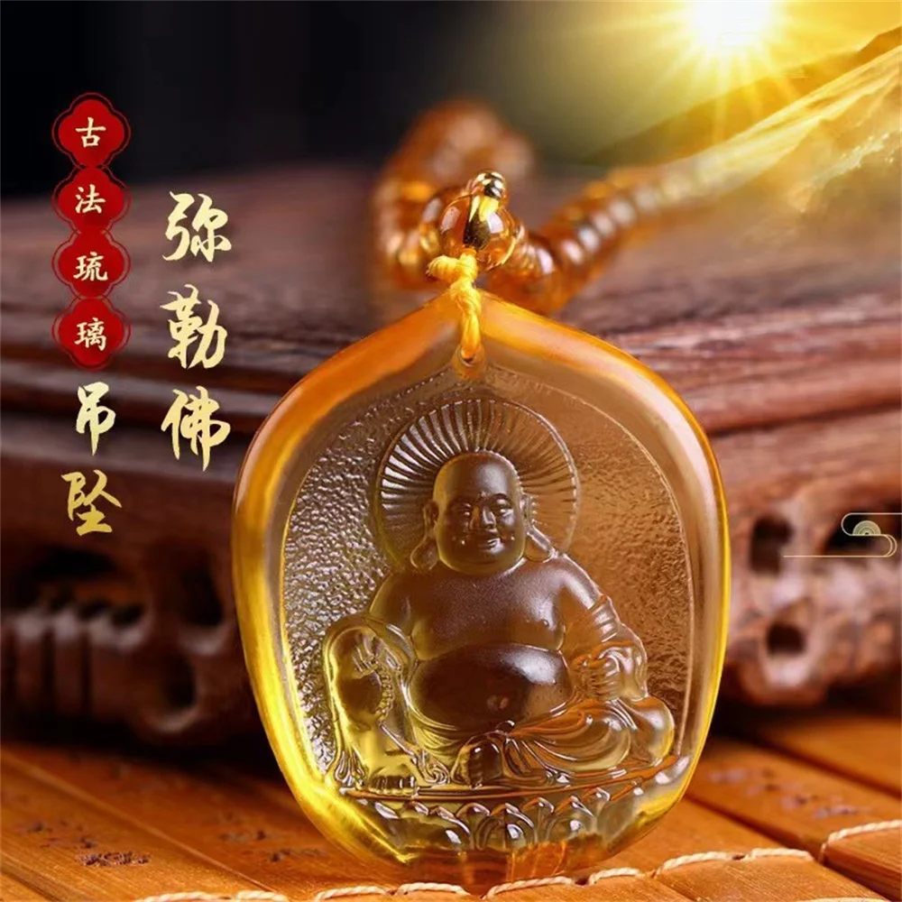 Chinese Hand Carved Buddha GuanYin Yellow Crystal Lucky Pendant Tibetan Buddhism Religion Amulet Necklaces Trendy Gift Jewelry