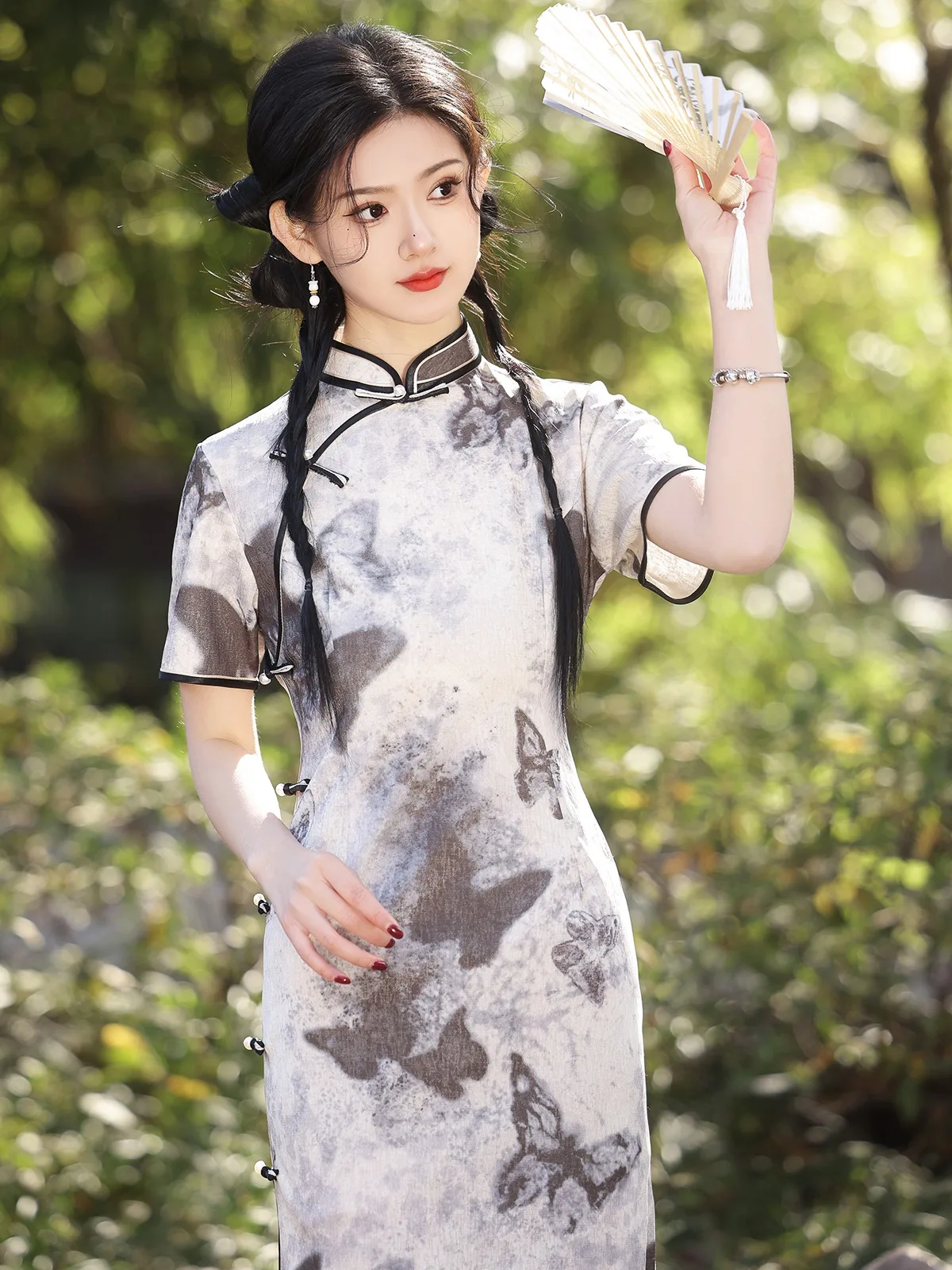 Young Elegant Shu Fan Girl Silk Linen Long Cheongsam Spring and Summer New Chinese Short Sleeve Daily Wearable