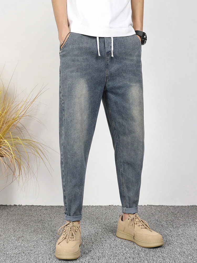

American Retro Men's Jeans Spring Autumn Trendy Loose Harlan Nine Points Casual Pants Elastic Waist Youth Wear Multi Pockets