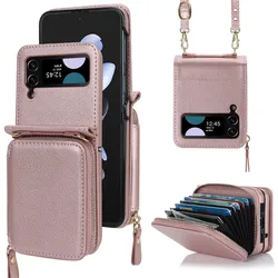 Lanyard Wallet Leather Cards Solt Case For Samsung Galaxy Z Flip 6 5 4 3 5G Purse Bag Hand Strap Skin Feeling Back Cover