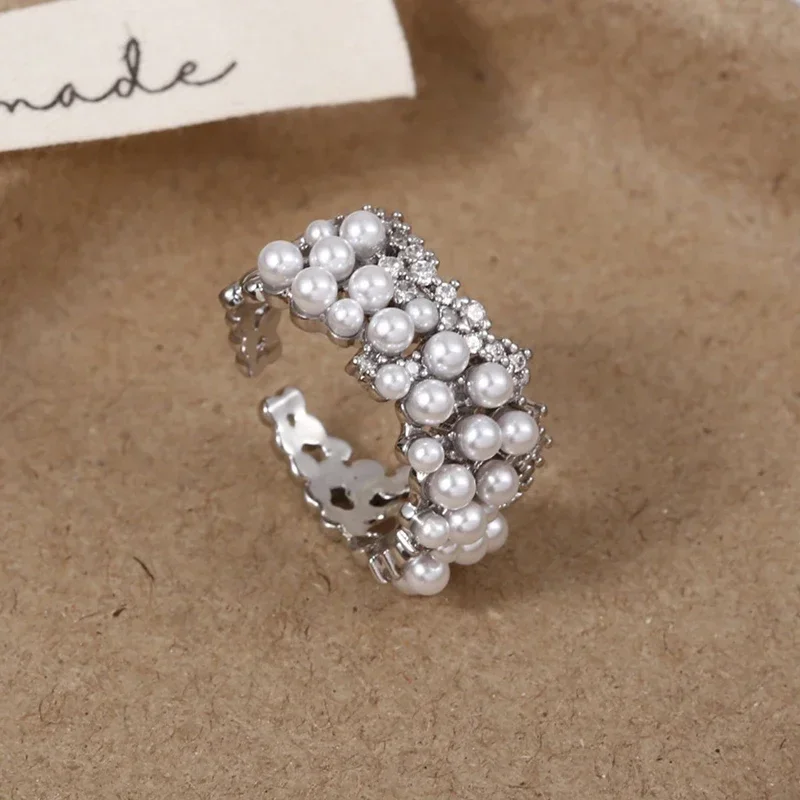 حقيقي 925 فضة تألق الزركون سطح واسع اللؤلؤ قابل للتعديل خواتم للنساء ضوء فاخر غرامة مجوهرات رائعة هدية #6