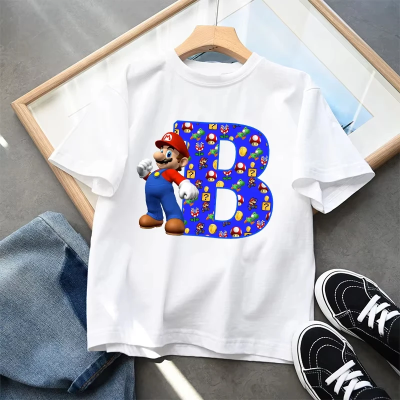 Super mario feminino manga curta camiseta jogo temático 26 carta impressão pulôver meninos verão casual respirável topo presentes de aniversário