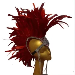 Female Singer Dancer Stage Performance Crystals Headdress Accessories Black Red Feather Rhinestones Hat Jazz Dance Cap Headgear