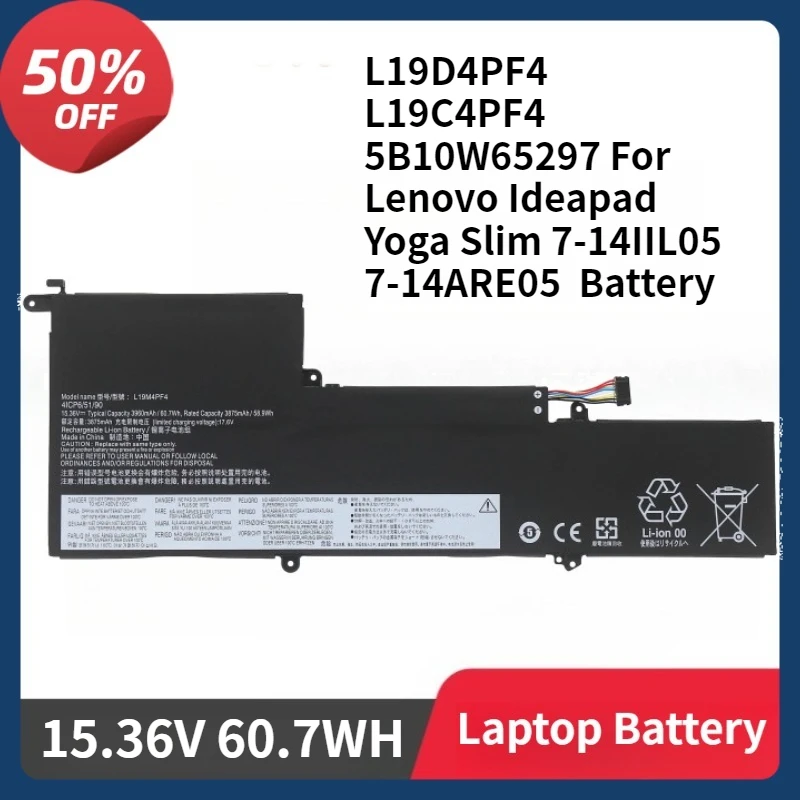 

L19M4PF4 Аккумулятор для ноутбука L19D4PF4 L19C4PF4 5B10W65297 для Lenovo Ideapad Yoga Slim 7-14IIL05 7-14ARE05 15,36 В 60,7 Втч Аккумулятор
