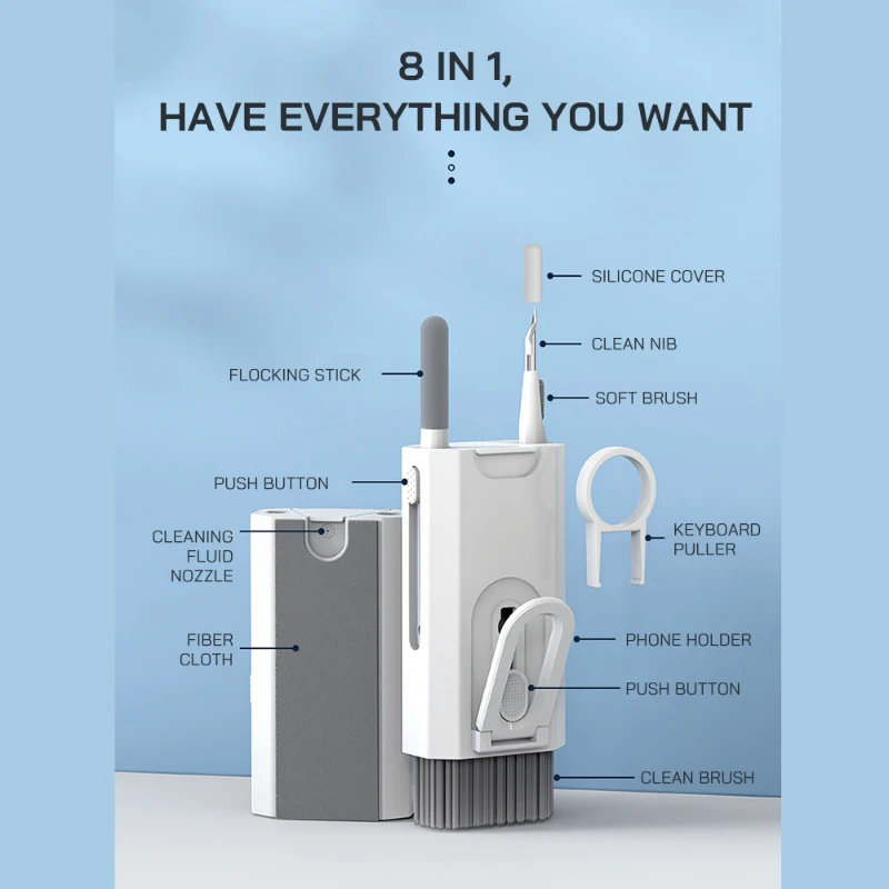 8 in 1 Cleaner Bursh Kit for Bluetooth Earphone Phone Laptop Screen Earbuds Case Cleaning Pen Kit Keycap Puller for Phone Tablet