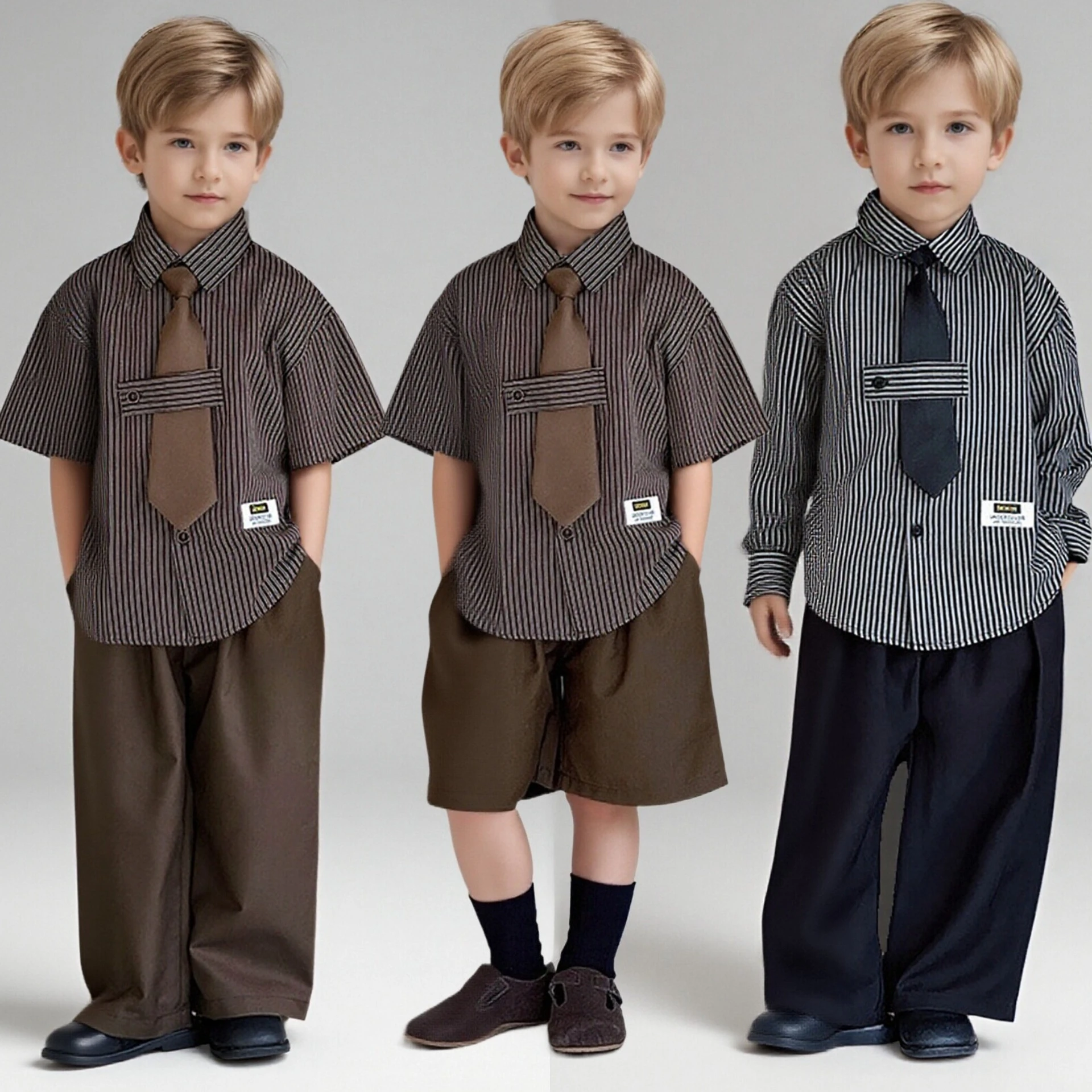 Toddler Boys Striped Shirt Pants Set with Tie Kids Gentleman Formal Outfit for Wedding Birthday Party School Daily Wear 2-12 Y
