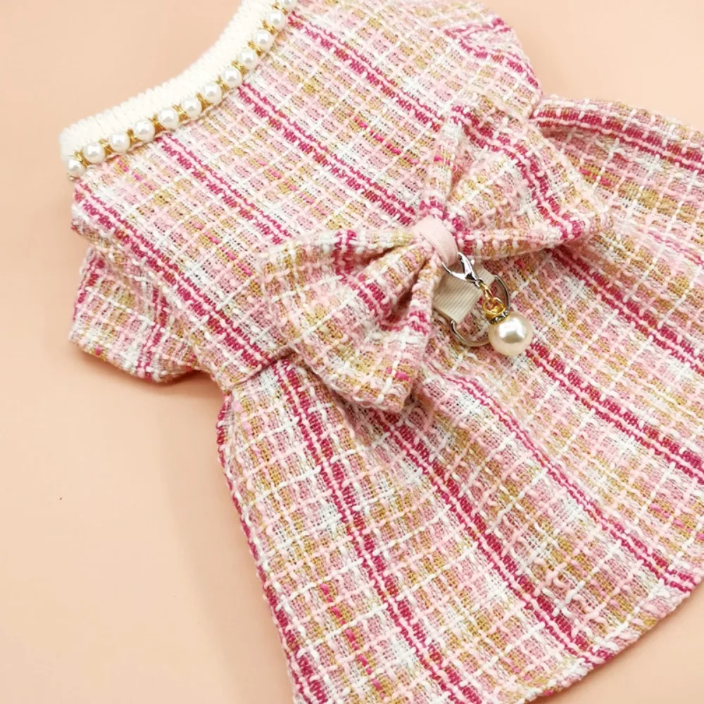 Puppy Plaid Wool Dress Pearl Neck Sweater Teddy Bears Medium Small Dog Cardigan Autumn Winter Pet Apparel Dog Clothes