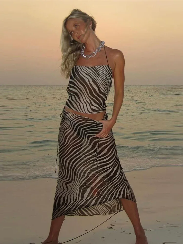 

Transparent Printed Halter Top Skirt Suits Women Sexy Sleeveless Backless Lace Up Irregular Tops Long Skirts Chic Lady Beachwear