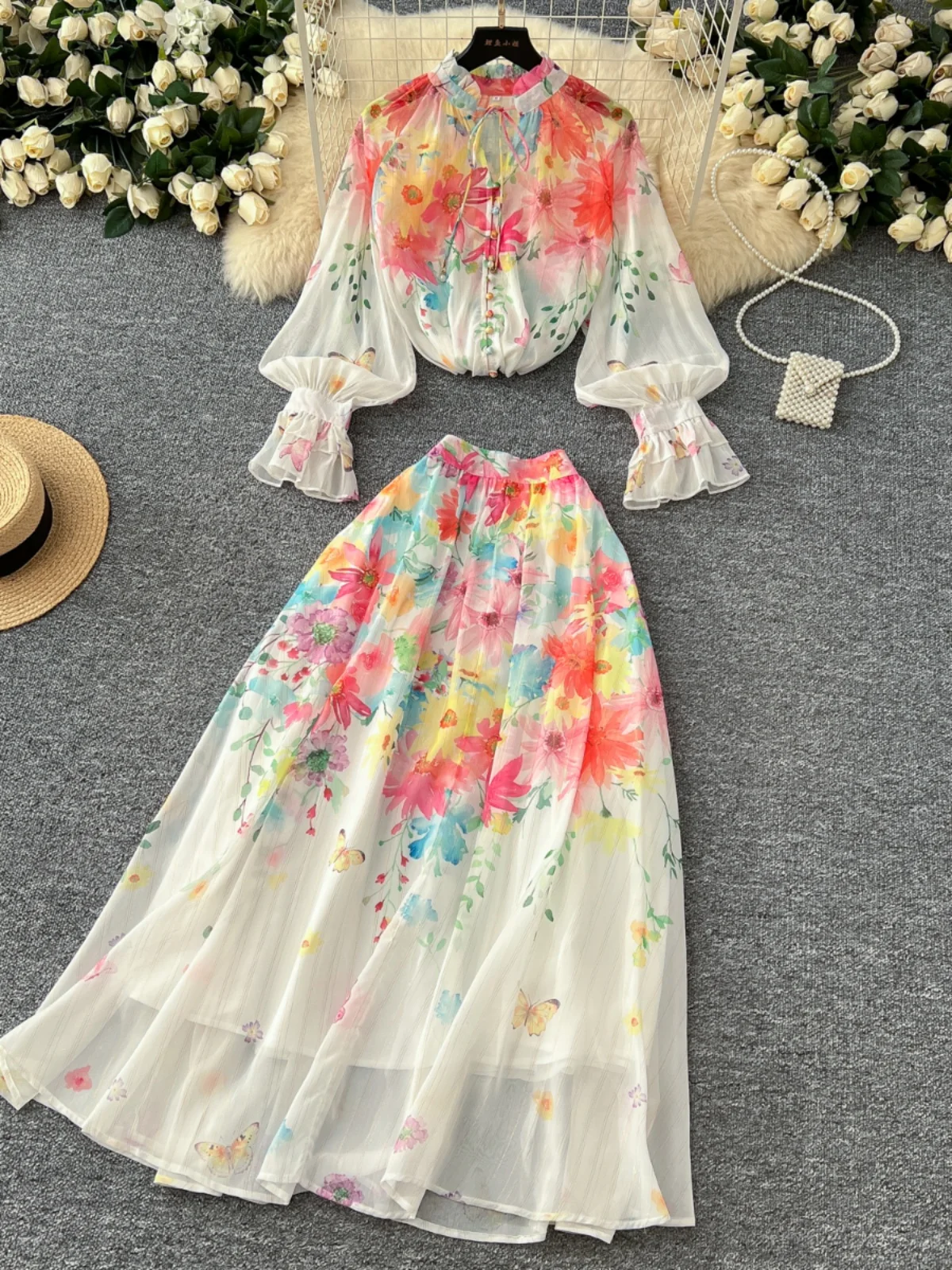 Ele Set top e gonna in chiffon con stampa lanterna a vita alta, completo da donna con orlo semicircolare Faion