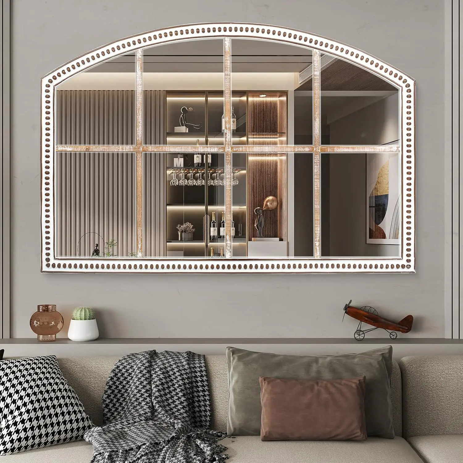 28x42 Inch Farmhouse Windowpane Mirror, Distressed Wood Arched Wall Mirrors | Large Statement Accent, Vintage Charm, Decorative