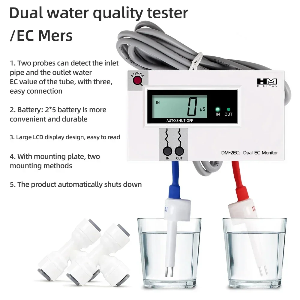 DM1/DM2 Online TDS/EC Water Quality Tester Dual TDS/EC Meter HD LCD Display Dual Probe Drinking Water Pool Aquarium PH Meter