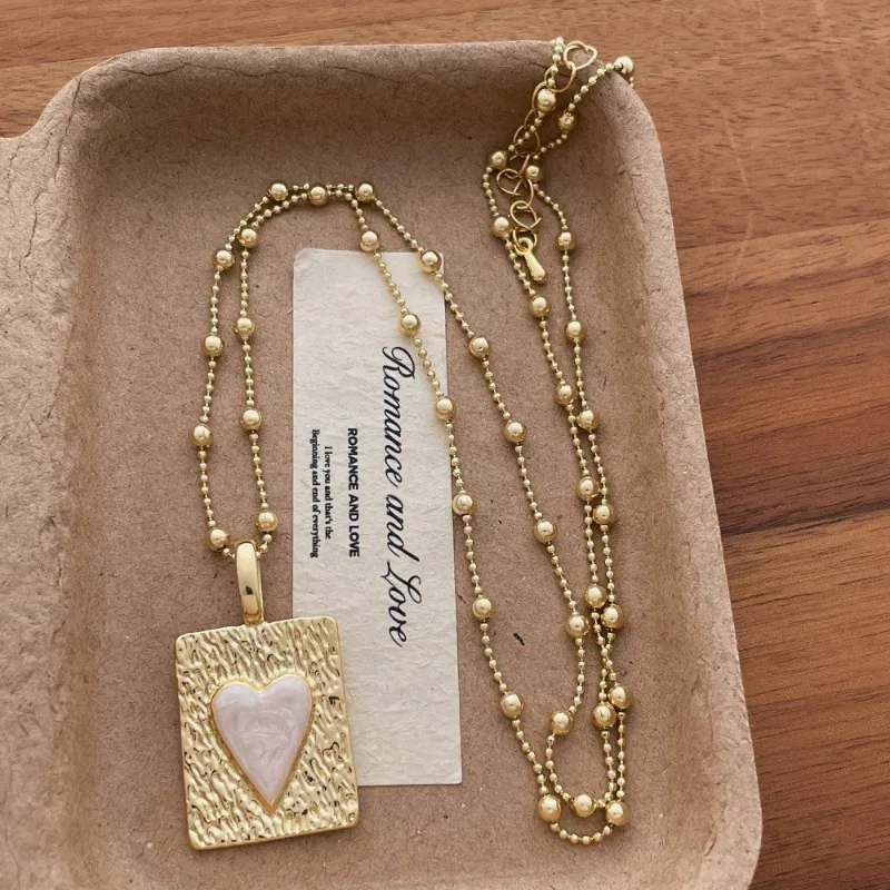 Minar Dainty White Blue Enamel Heart Hammer Tone Square Coin Pendant Necklaces for Women Gold Silver Plated Beads Sweater Chain