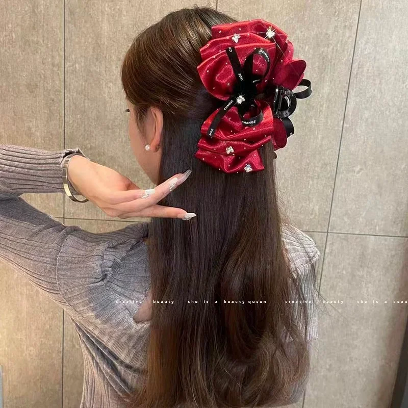 

Female Elegant Temperament Fluffy Rose Rhinestone Headwear Women Satin Shark Clip Bow Flower Hair Claw Hair Accessories