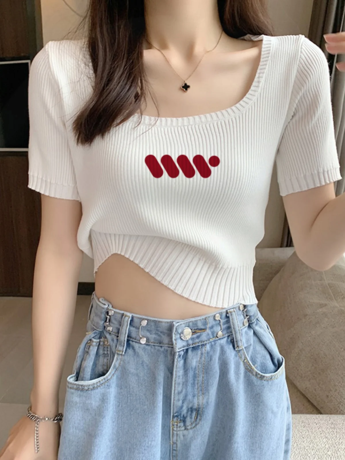 Ele Ice Zijde Gebreid T-shirt Dames Zomer Faion Print Vierkante Kraag Slim Fit ort Sle Mooie Zoete En Pittige Top