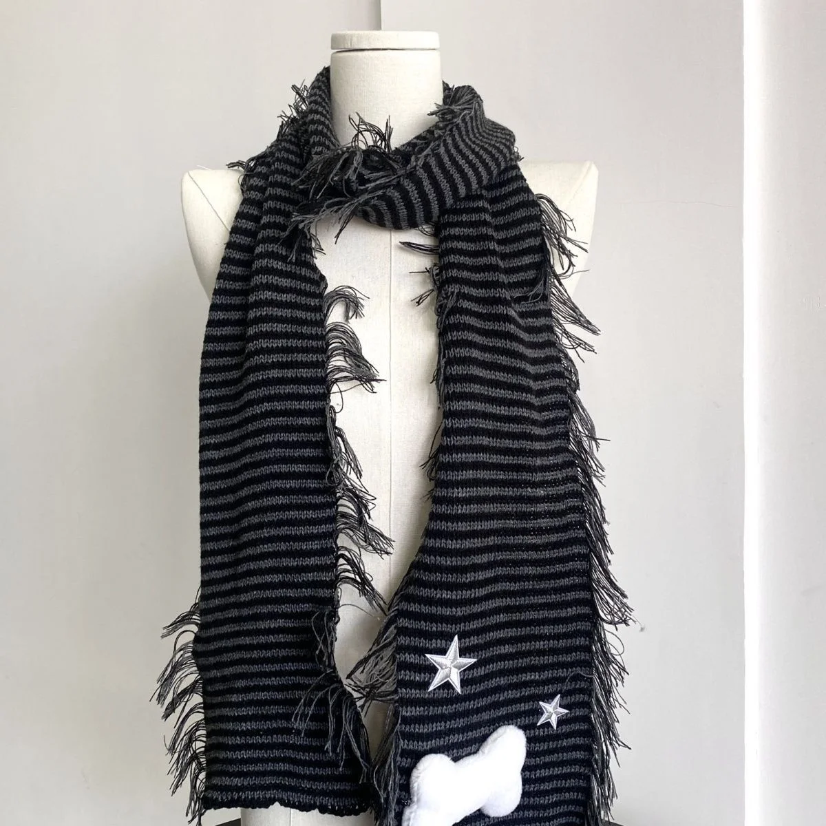Black Grey Striped Fringe Knit Scarf 3D Plush Bone Decor Silver Star Patch Tassel Edge Warm Neck Wrap Casual Winter Street Shawl