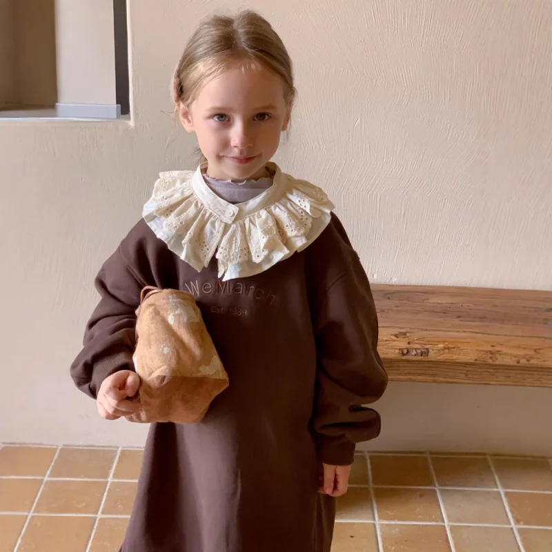 

Girls' Sweatshirt Dress Autumn Winter New Fashionable Long Lace Trim Letter Embroidery Dress