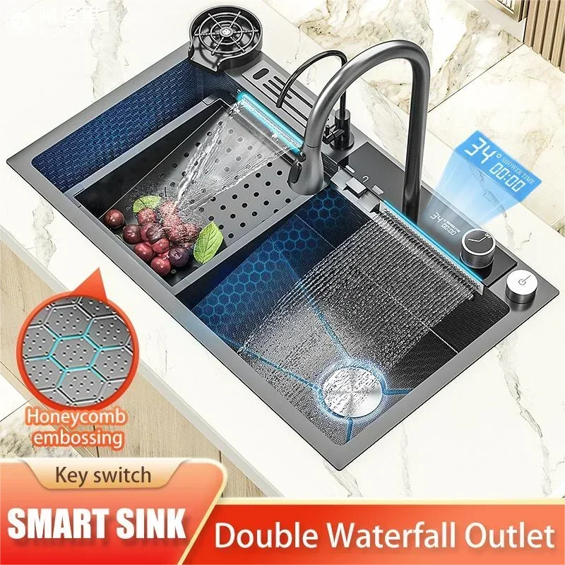 Smart Waterfall Sink Nano Stainless Steel Kitchen Sink Multifunctional Dishwasher Large Single Bowl Washbasin Kitchen Faucet