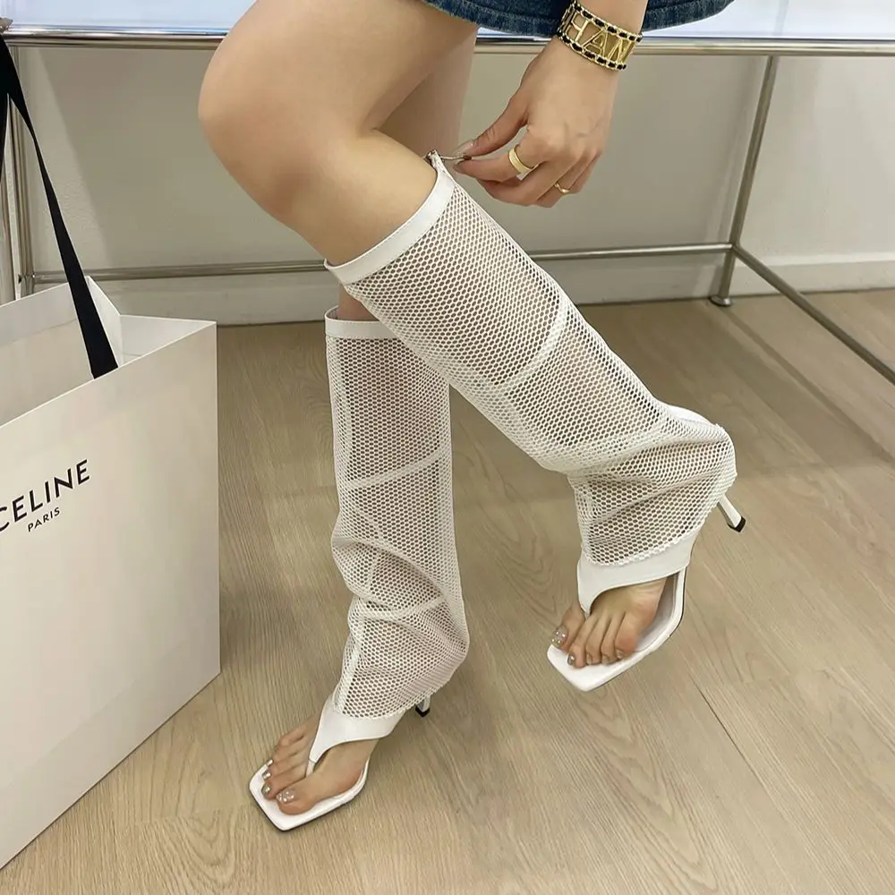 Fashion Women Knee High Boots Air Mesh Thin High Heels Summer Dress Shoes Back Zipper Clip Toe Fashion Party Pumps Size 35-39