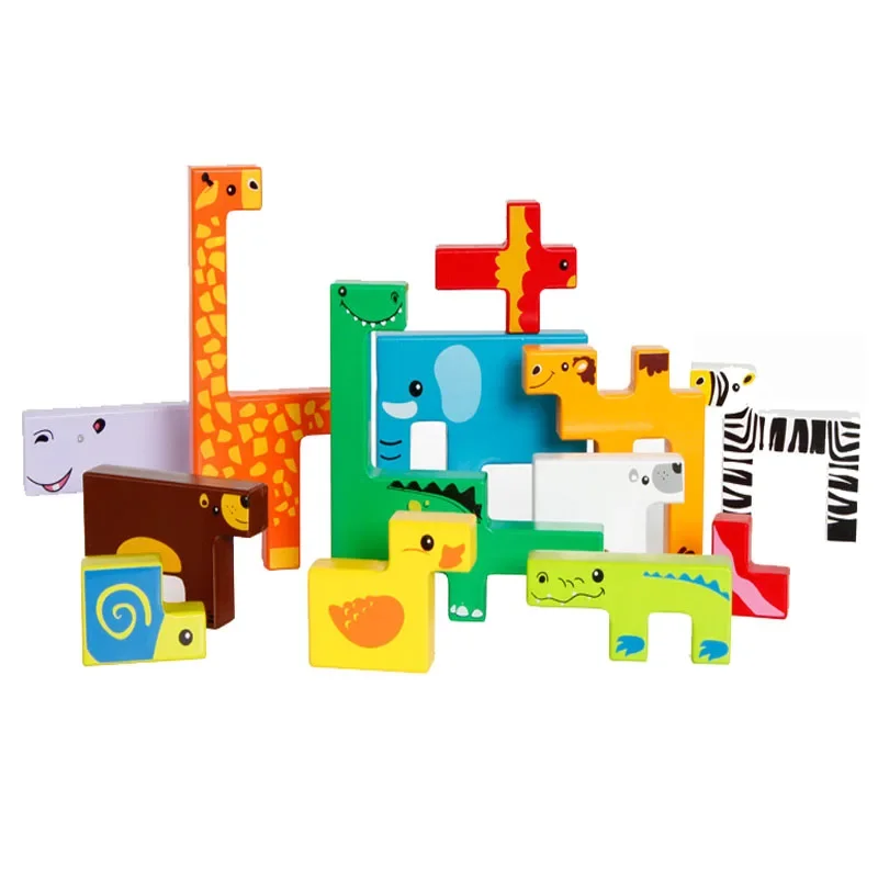 Montessori Baby Wooden Tangram Puzzle Education Jigsaw giraffe Animals Block Games Kids Children Educational Toys Set for Child