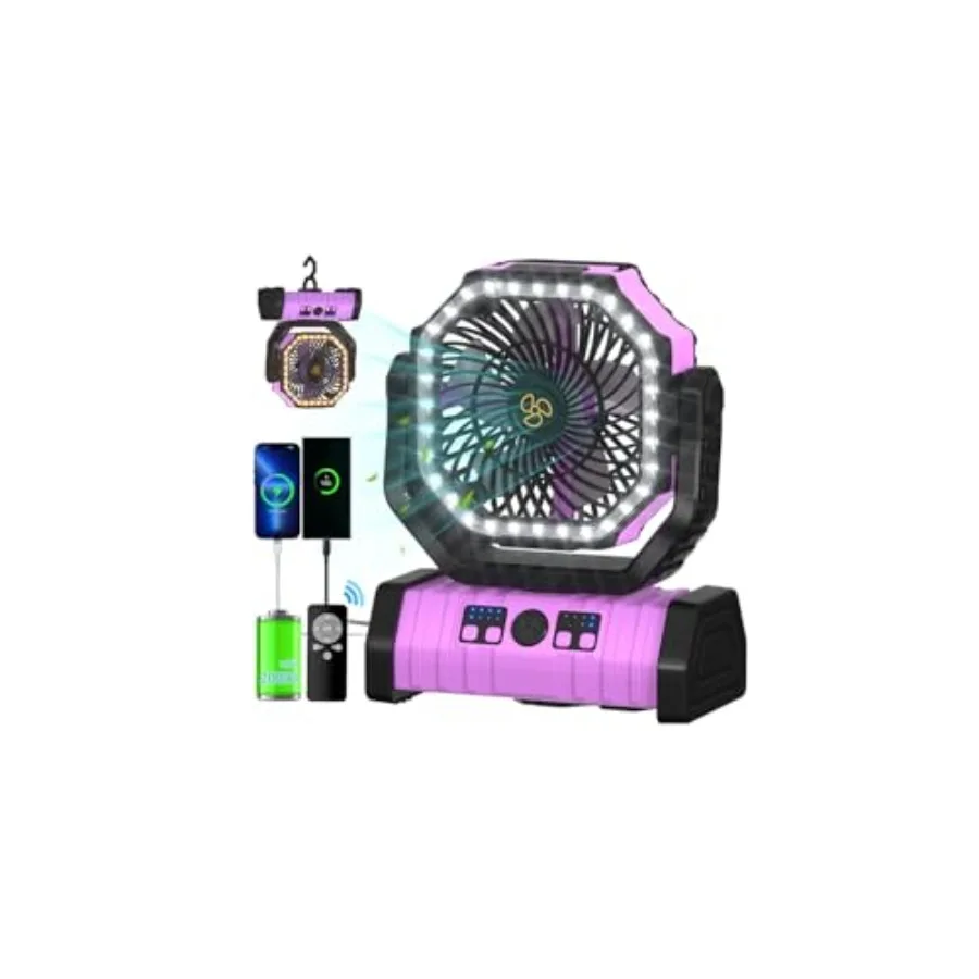 Camping Battery Operated Powered Fan with LED Lantern Light Portable 20000mAh Rechargeable Oscillating Fan with 360° Rotation H