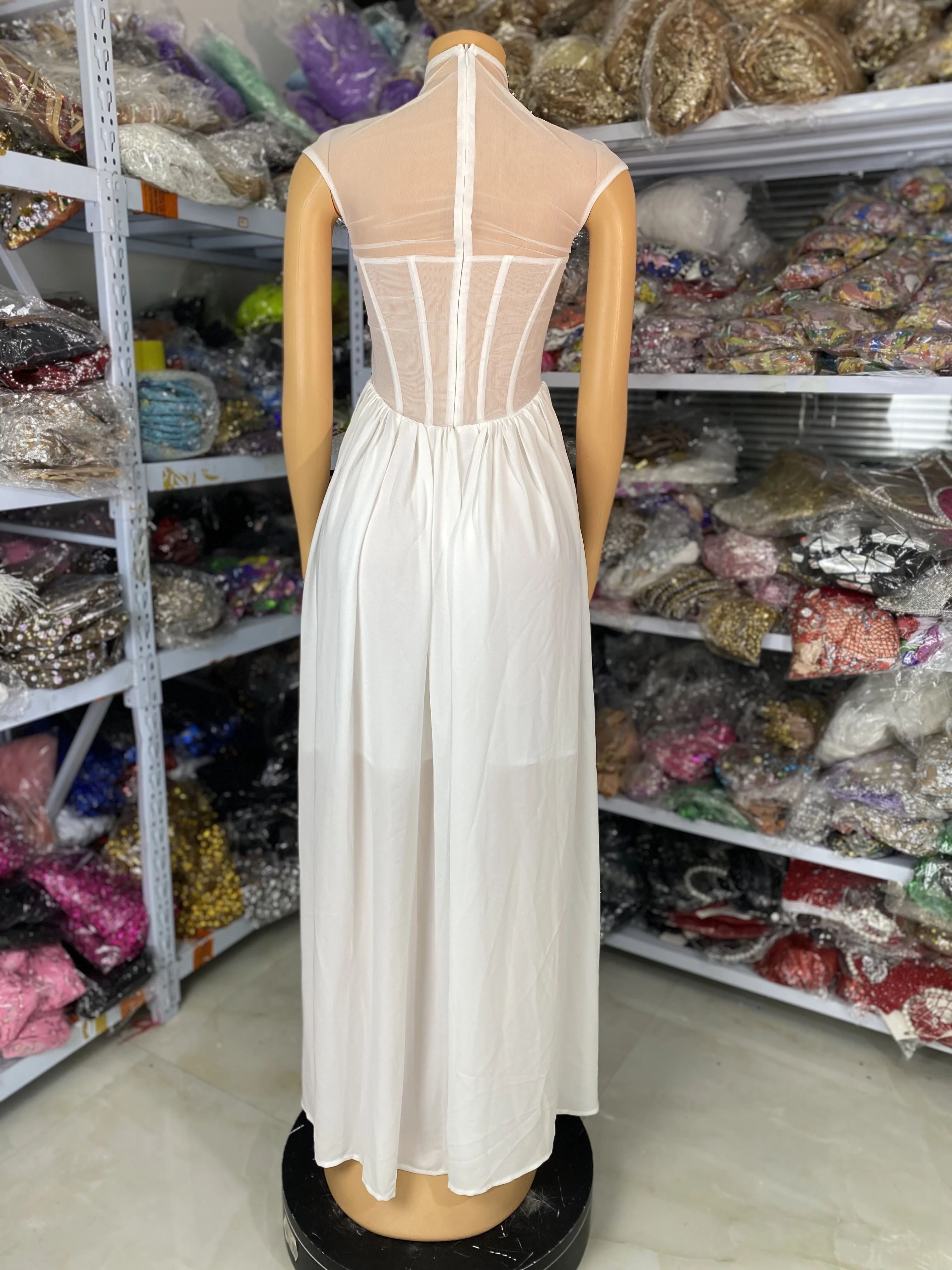 Abiti da ballo bianchi di lusso da donna Corsetto trasparente Top in chiffon Fondo maxi Abiti da festa di nozze da sera per celebrità lunghi di compleanno